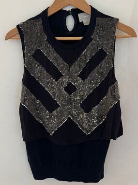 M. Patmos Beaded Fine Merino Wool & Silk Navy Top